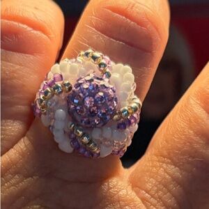 Elegant Purple and White Seed-bead Floral Ring